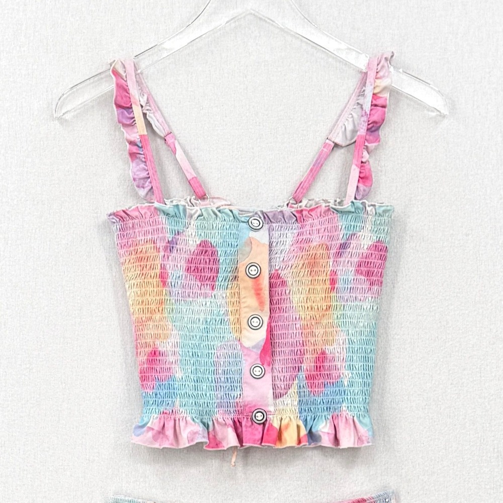 RAD SWIM Betsy Smocked Bikini Medium Pink Blue Watercolor High Waist Swimsuit - Picture 7 of 16